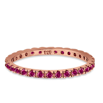 Stackable Band Ring Round Rose Tone, Simulated Ruby CZ 925 Sterling Silver